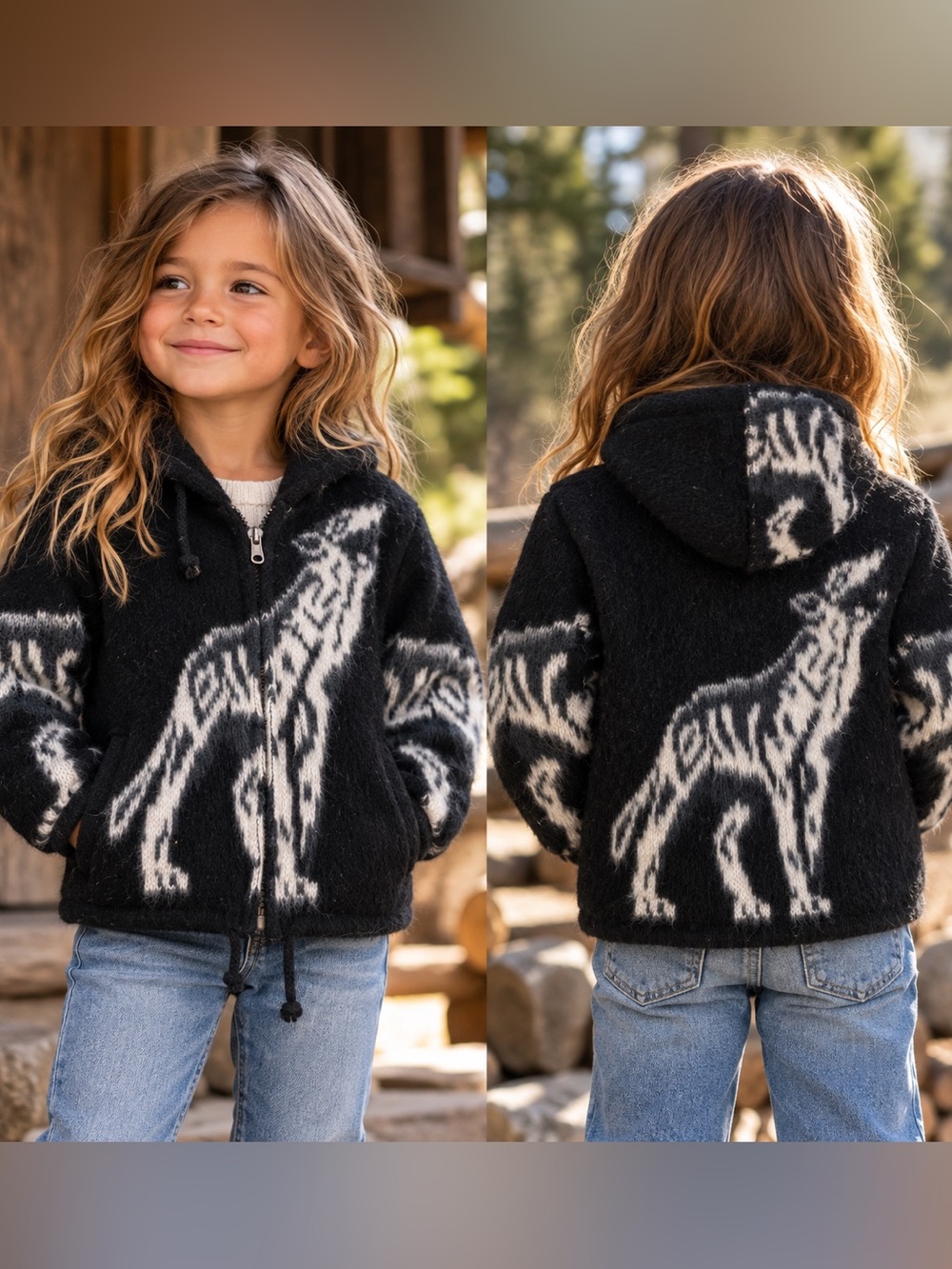 Andes Artesania Vintage Wool Wolf Hooded Jacket Youth 5-6 unisex